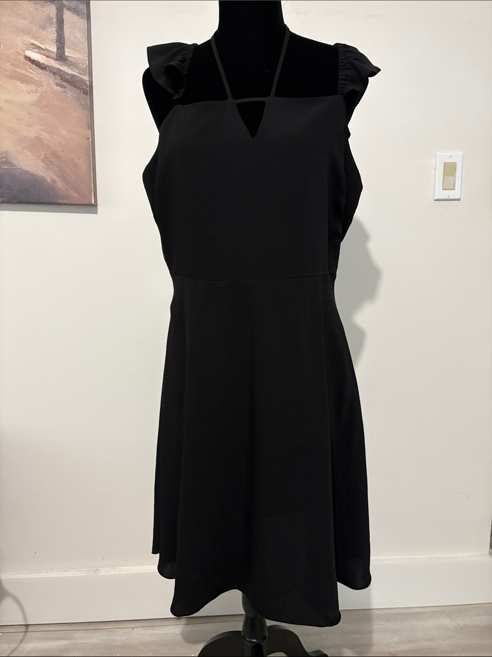 CeCe Black Midi A-Line Dress with Strappy Keyhole Neck
